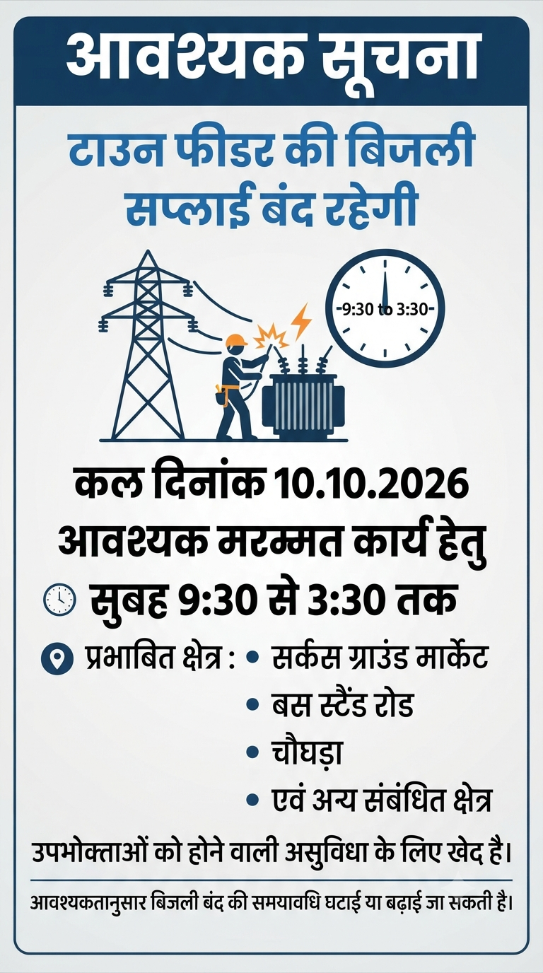 आवश्यक सूचना: टाउन फीडर की सप्लाई रहेगी बंद